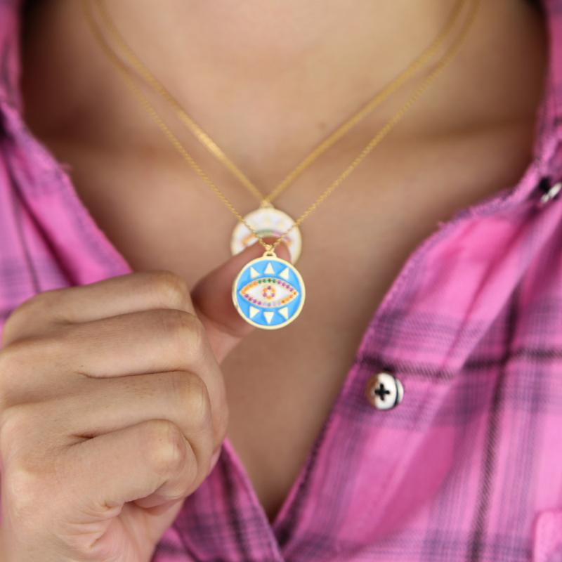 

Gold filled enamel white blue color rainbow cz paved Cool classic fashion eye charm pendant necklace