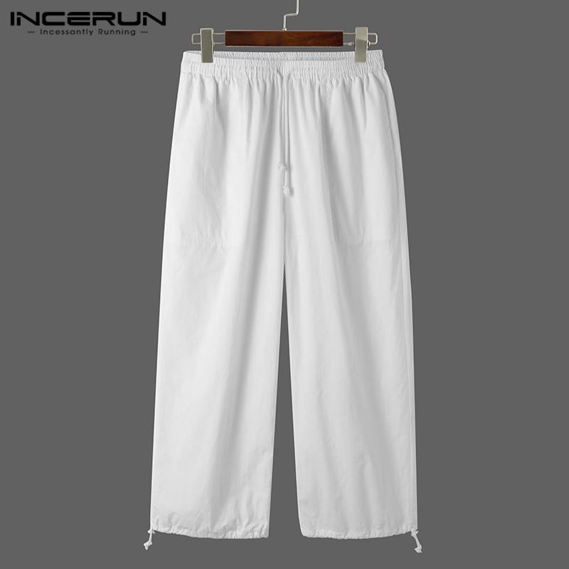 

2020 Fashion Cotton Loose Pantalones Streetwear INCERUN Men Leisure Wide Leg Pants Solid Color Vintage Drawstring Trousers -5XL, Black