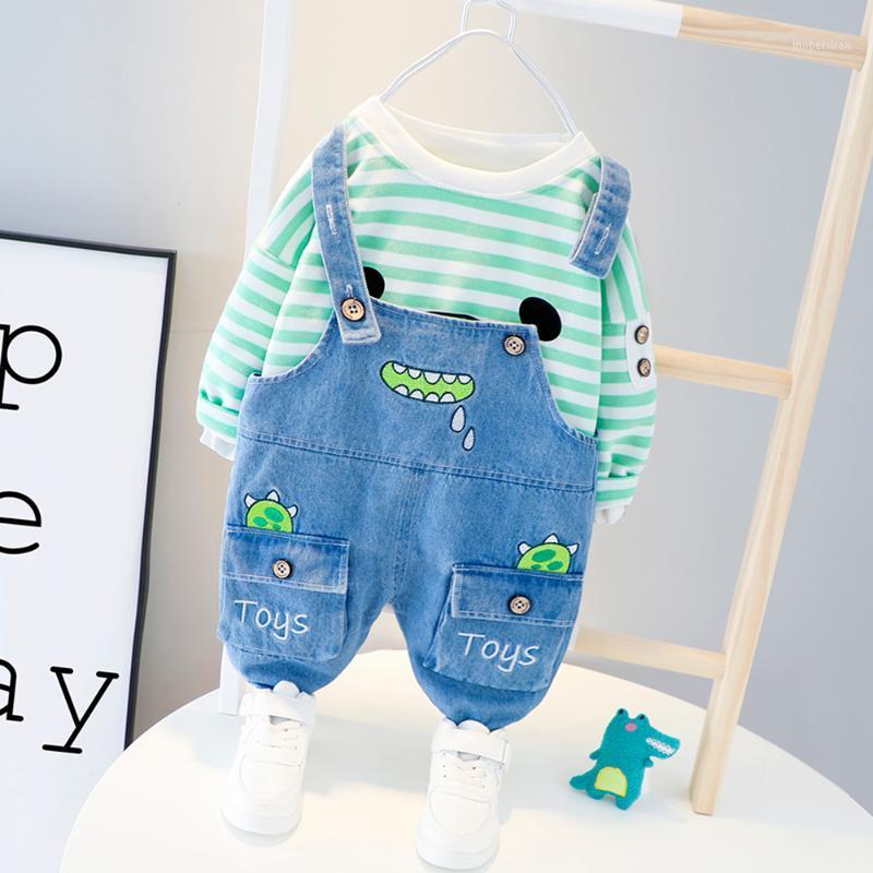 

2020 Autumn Baby Infant Clothes Suits Toddler Boys Clothing Sets Steiped T Shirt Cartoon Denim Overalls Kids Children Costume1, Green