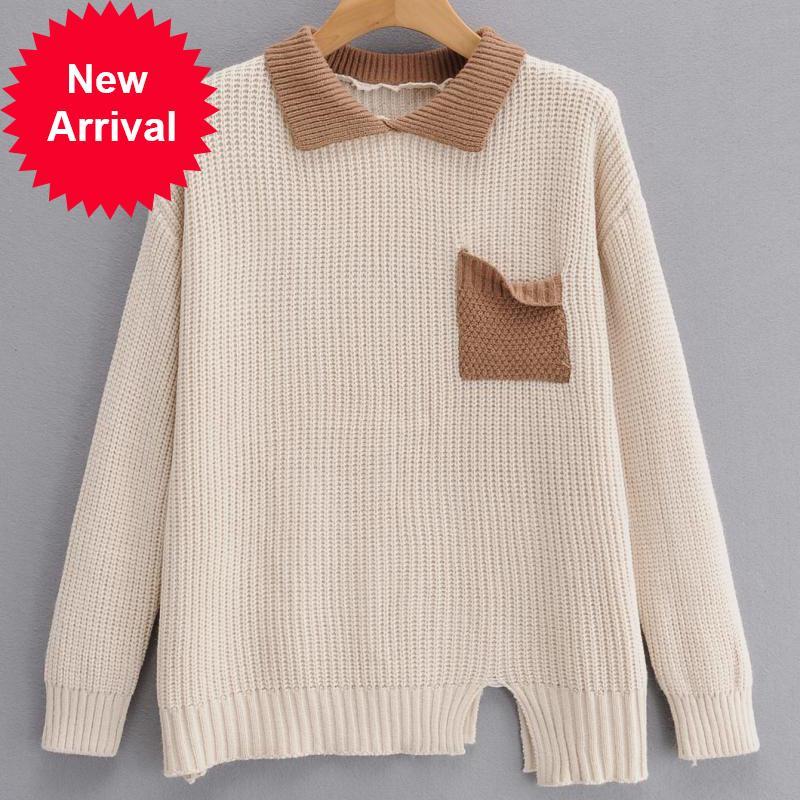 

2021 New Autumn Lapels Knit Sweater Casual Wear Long Sleeve Designer 1umt, Beige