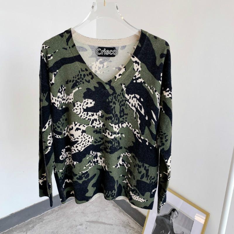 

Women Sweater 2020 Autumn/winter V-neck Camouflage 100% Cashmere Sweater Winter Clothes Women, White;black