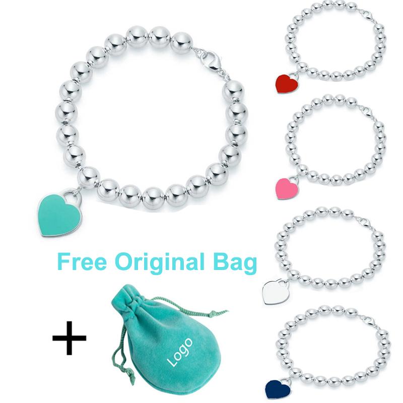 

Original Love hearts tag bracelet classic ladies 925silver heart-shaped 8mm ball bead bracelets jewelry holiday gift logo stamp