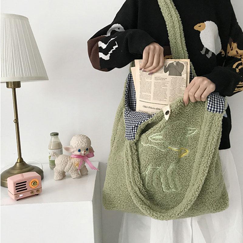

Girl Cute Bags Lamb Like Fabric Shoulder Bag Canvas Shopping Bag Casual Totes Large Book Handbag New Fashion Women Winter, Ivory