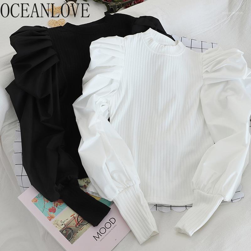 

OCEANLOVE Puff Sleeve Womne Sweaters Solid Patchwork Fashion Pullovers 2019 Fake Two Pieces Pull Femme Slim Ladies Tops 134591, Black