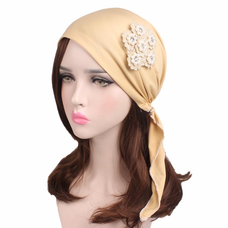 

2020 Style Solid Color Muslim Flower Turban Cap 9 Colors Hat for Women 100, White