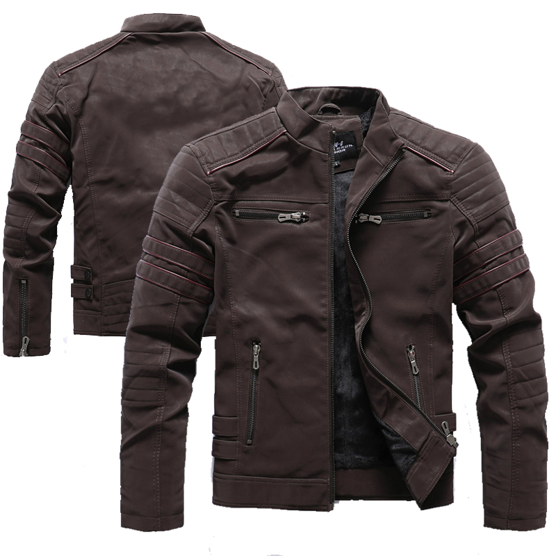 

Winter Motorcycle PU Leather Jaet Men 2021 Vintage Fleece Warm Multi-poet Leather Coat Male Zipper Autumn Outwear Jaets, Kh8809acoffee