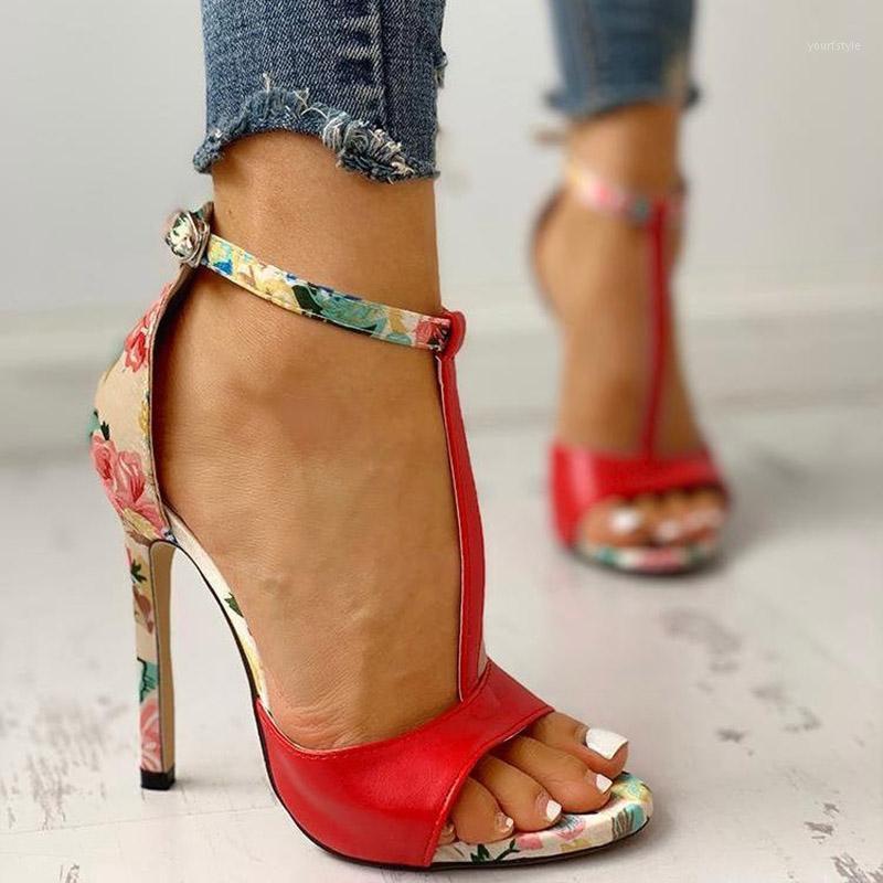 

Gladiator Sandals bohemian stilettos Super High Heels Flowers Print Women Shoes T Strap Sandal Sexy Heeled Party Shoes 8378C1, White