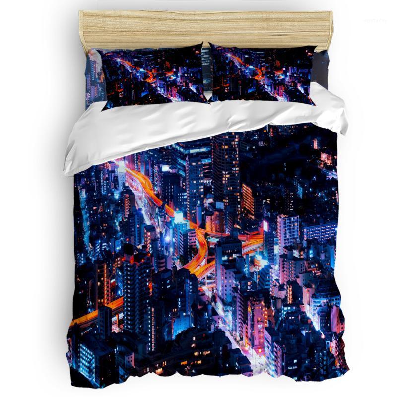 

City Night Building Scenery Duvet Cover Set Warm and Comfortable Bed Sheet Bedroom Comforter Set 2/3/4pcs Bedding1, As pic