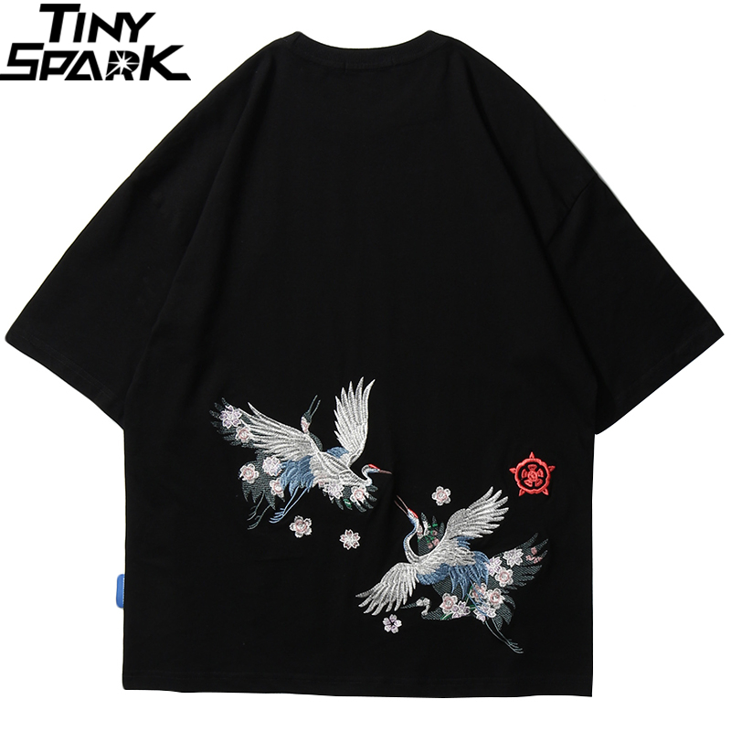 

Hip Hop T Shirt Men 2020 Embroidery Crane T-Shirt Streetwear Japanese Style Clothing Cotton Tshirt Black Tops Tees New, A448103 black