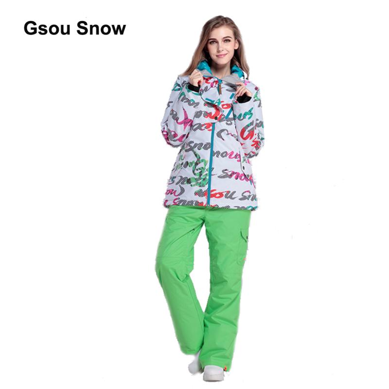 

Gsou Snow Windproof Warm Women Ski Suit Waterproof Snowboard Winter Sport full suit climbing protect Jacket WSTZ0606-0610, Green