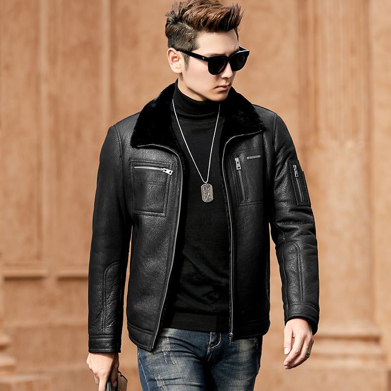 

Winter Genuine Jacket Men Sheep Shearling Men's Real Fur Coat Sheepskin Leather Coats Veste Cuir Homme 4907 KJ3639, Black
