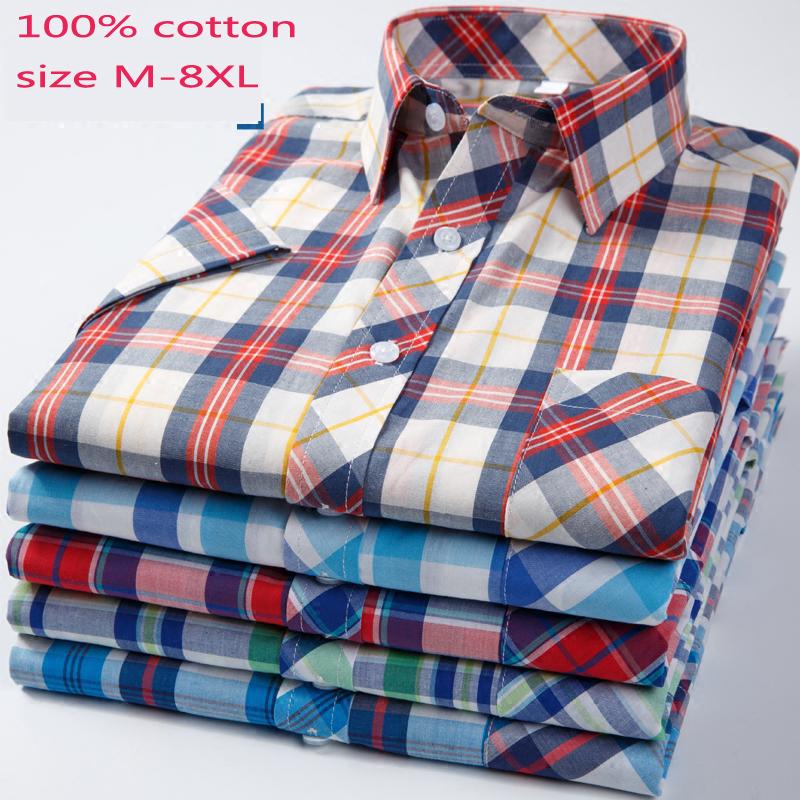 

New Arrival Fashion Summer Plaid Men Short Sleeved Shirt 100%cotton Loose Casual Shirts Casual Large Plus Size M-5XL 6XL 7XL 8XL, 26