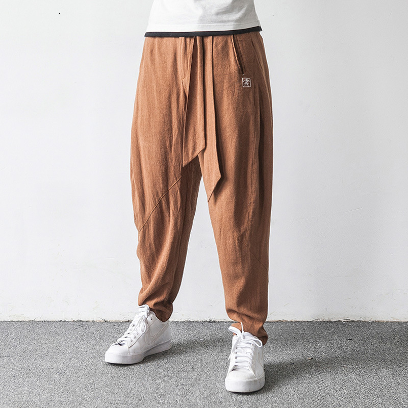 

2021 New Chinese Style Men's Flaxen Trousers Large Loose Wide-legged Feet Harem Retro Cotton Linen Long Pants Uoic, Black