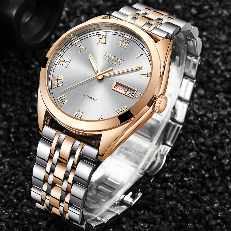 

LIGE Fashion Women Watches Ladies Top Brand luxury Waterproof Gold Quartz Watch Women Stainless Steel Date Wear Gift Clock 201123, Rose gold blue