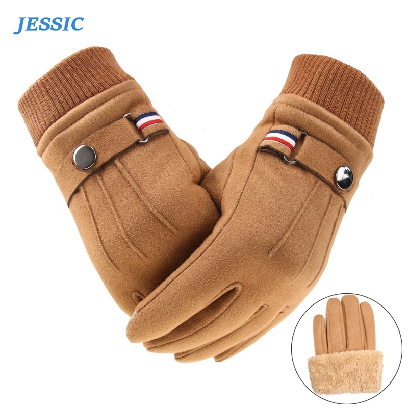 

JESSIC Winter Men's Suede Keep Warm Touch Screen Windproof Driving Thick Anti Slip Outdoor Male Leather Gloves