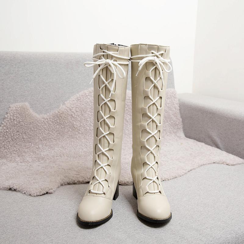 

YMECHIC 2020 New Fashion Cross Strap Design Block High Heels Shoes Winter Boots Women Beige Black Knee High Long Riding Boots1