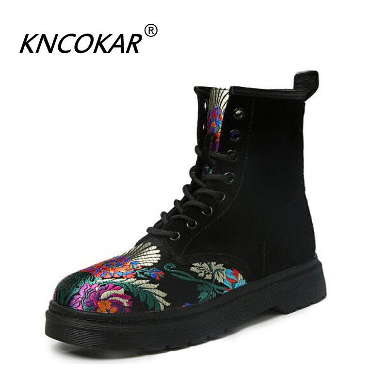 

Autumn winter chunky and boots female leather European flat belt British motorcycle boots famous folk style short, Black