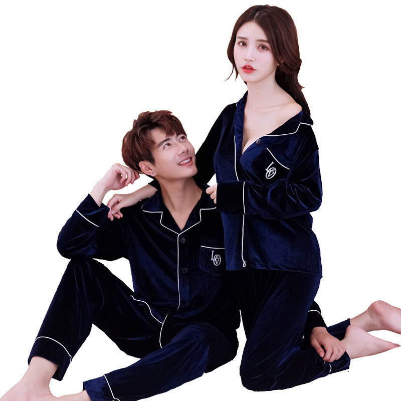 

2021 New Korean Style Autumn Golden Veet Suite of Pyjamas Plus Solid Size Female Sleepwear Cleavage Nightwear Long Sleeve 6195, Navy blue men
