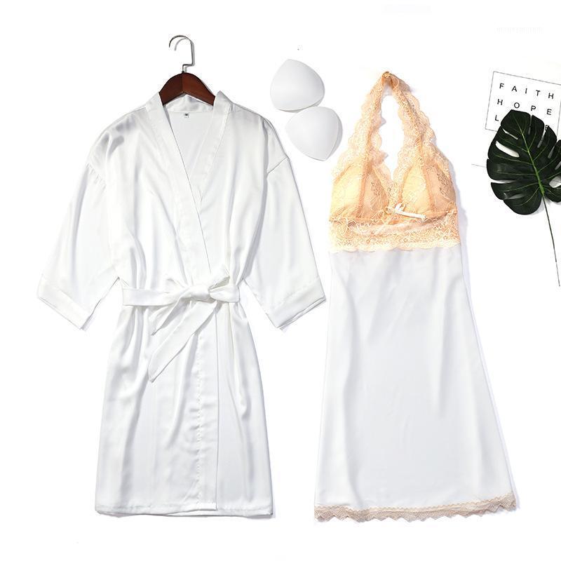 

Lace Sexy Female Nighty&Robe Set 2PCS Casual Backless V-Neck Patchwork Halter Spaghetti Strap Faux Silk Belt Autumn Homewear1, Black