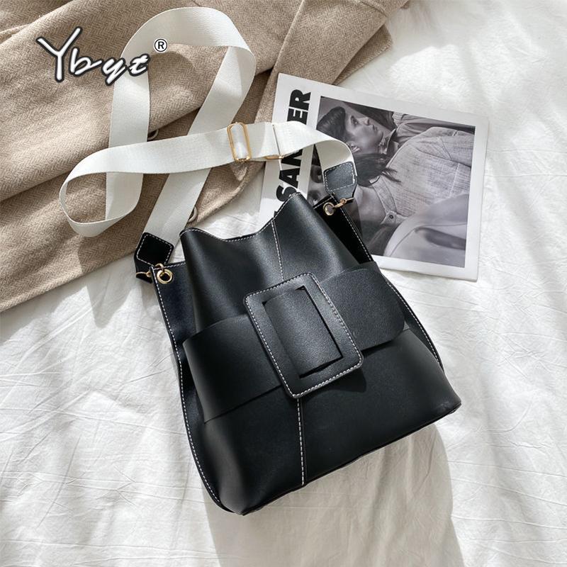 

Wide Strap Shoulder Bucket Bags For Women Solid Color PU Leather Female Crossbody Bag Luxury Designer Handbags Shopping Bag, Black