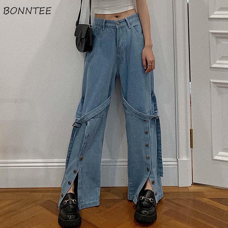

Jeans Women Full Length Vintage Button Lace Up Spring Autumn Fashion Soft Loose Large Size High Street Light Blue Daily Wide Leg