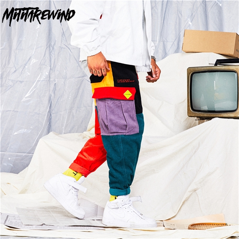 

Hip Hip Pants Vintage Color Block Patchwork Corduroy Cargo Harem Pant Streetwear Harajuku Jogger Sweatpant Cotton Trousers 201110, White
