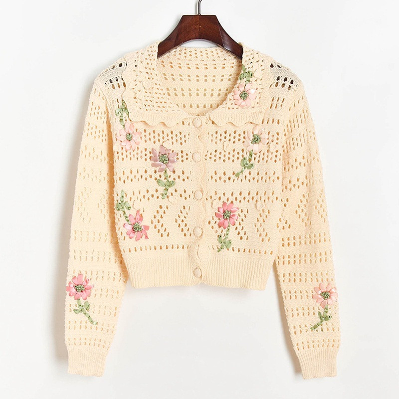 

2021 Sweet Cardigan Female Will See New Ribbon Embroidered Vintage Sweater Dolls Necklace Short Mesh Lolita Style B09I, Short sleeves.