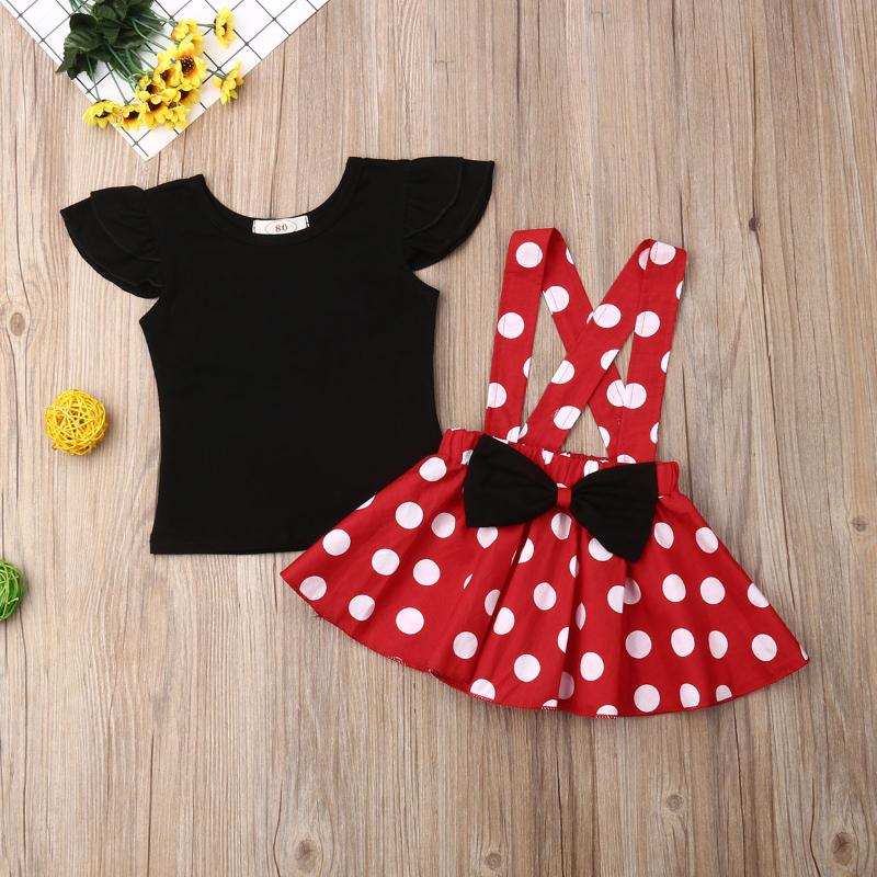 

Fashion Baby Summer Clothing Toddler Kid Baby Girls Solid Tops T-shirt+Bowknot Suspender Dots Print Skirt 2PCS Outfit Clothes, Red