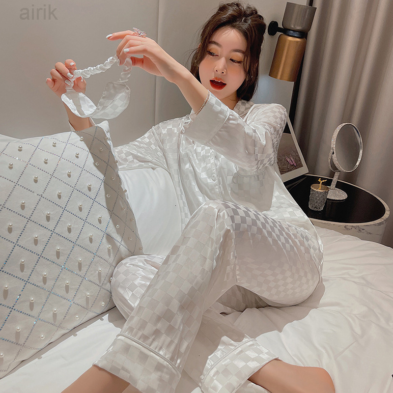 

July's Song 4 Pieces Stain pants Silk Woman Pajamas Set Spring Summer Sleepwear Jacquard Long Sleeves Women's Home Clothes, Color 01