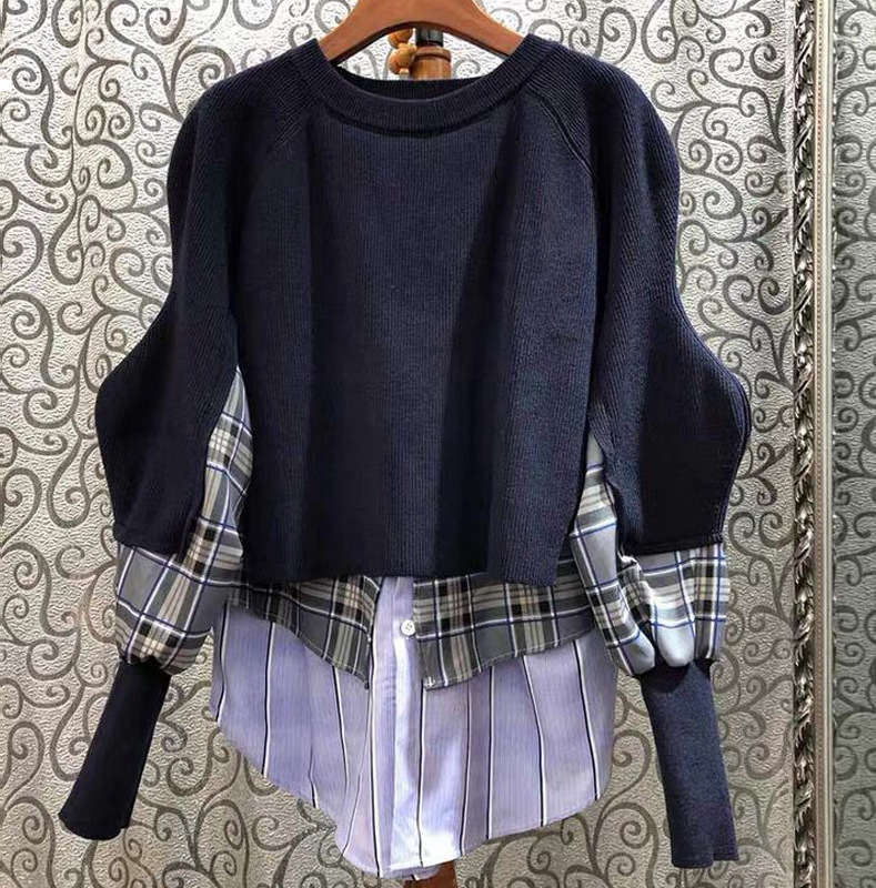 

False 2021 New Two Pieces Set Women's Shirts Spring and Autumn Size New Version Plaid Striped Shirt 6igl DDXY, Navy