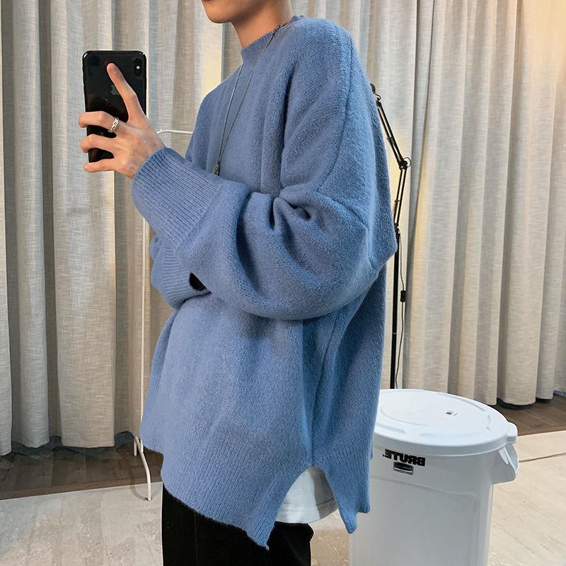 

Korean Sweater Men's Warm Fashion Casual Knitted Pullover Men Streetwear Wild Loose Solid Color Knitting Sweaters Mens Clothes, Black