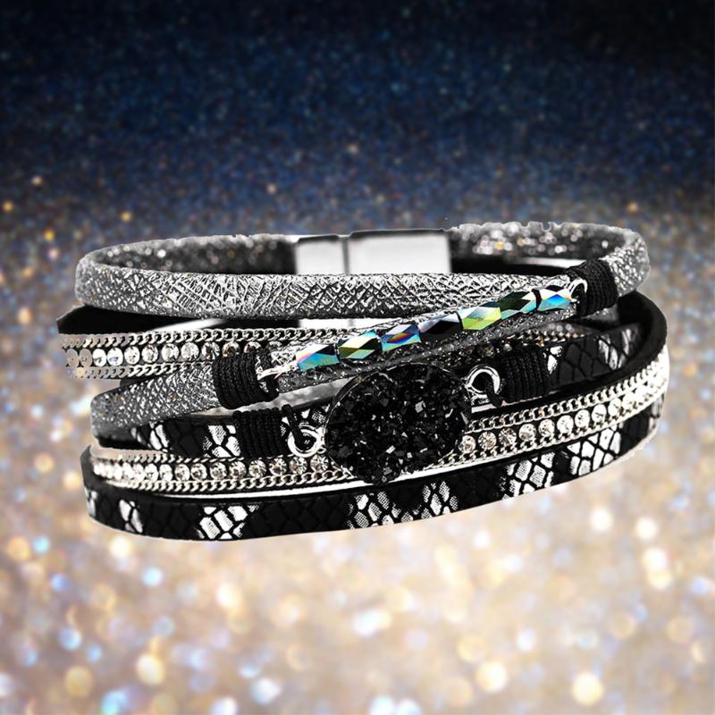 

Charm Stone Gift Fashion Elegant Magnetic Buckle Multiple Layers Women Bracelet PU Leather Long Casual Unique Bangle Wristband