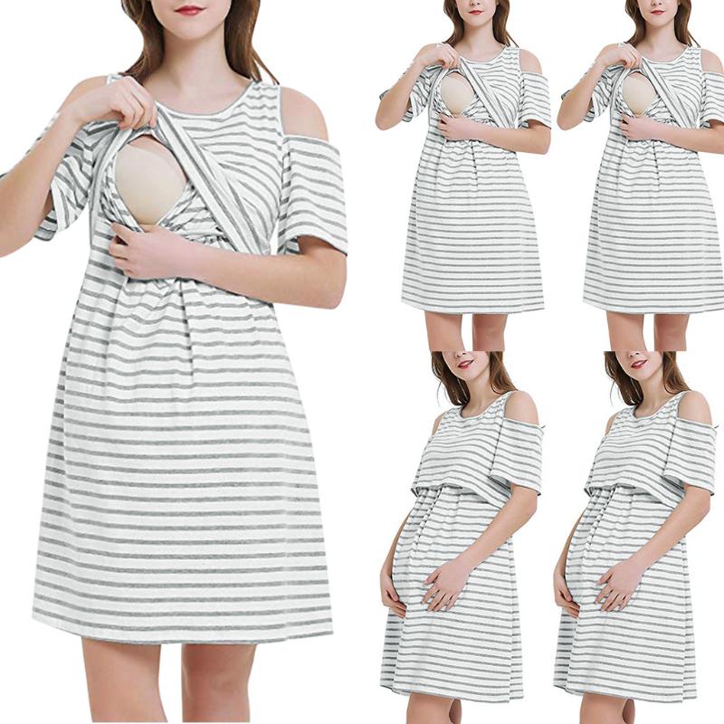 

Maternity Dresses Women Pregnant Dress Summer Short Sleeve White Stripe Nursing Breastfeeding Ropa De Mujer