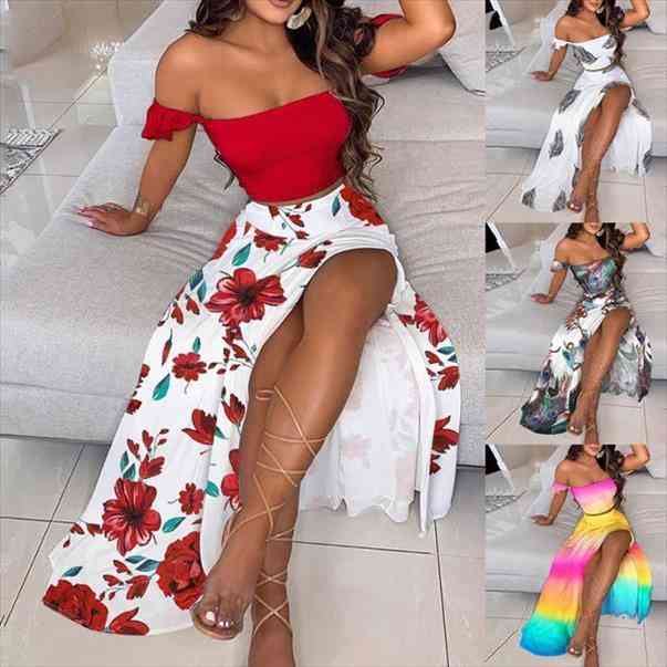 

women fashion dress sets beach floral print skirt suit strapless off shoulder ruffles party dress ladies two piece set, Black;gray