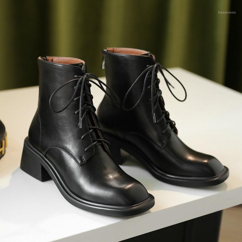 

Microfiber Leather women ankle Boots Women square Toe Thick med Heels Boots lace up Female Cowhide Short Size 33-431, Black