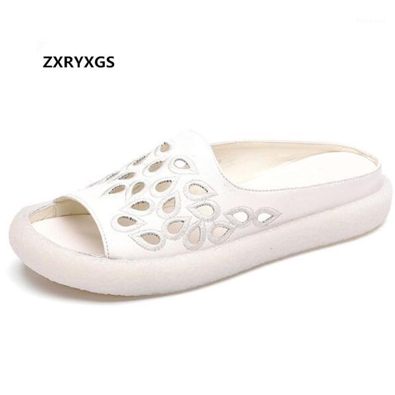 

2020 Cowhide Hollow Embroidered Summer Leather Slippers Women Sandals Comfortable Light Non-slip Flat Slippers Casual Sandals1, Beige