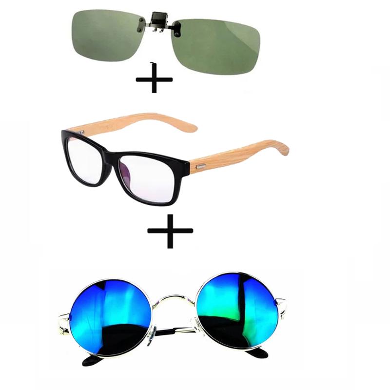 

Sunglasses 3Pcs!!! Comfortable Wooden Squared Frame Reading Glasses For Men Women + Alloy Polarized Round Clip