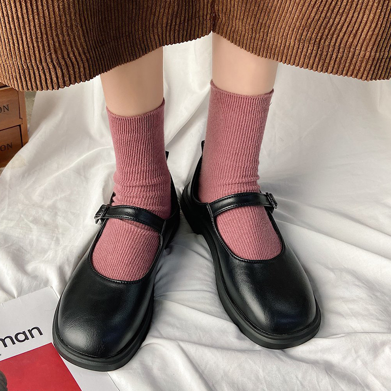 

2021 The New 2021 New Black Leather Mary Janes Women Fashions Low-heeled Buckle Pumps Round-toe Girl Students Shoes Zluy, Dark brown.