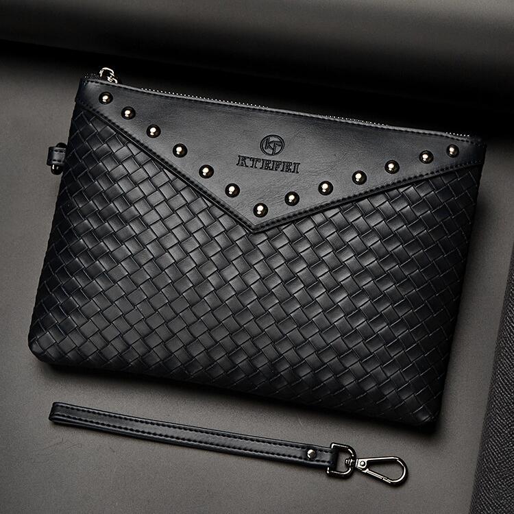 

Wholesale factory men shoulder bags soft and comfortable leather clutch bag horizontal multifunctional rivet handbag street trend woven storage wallet, Green-10091