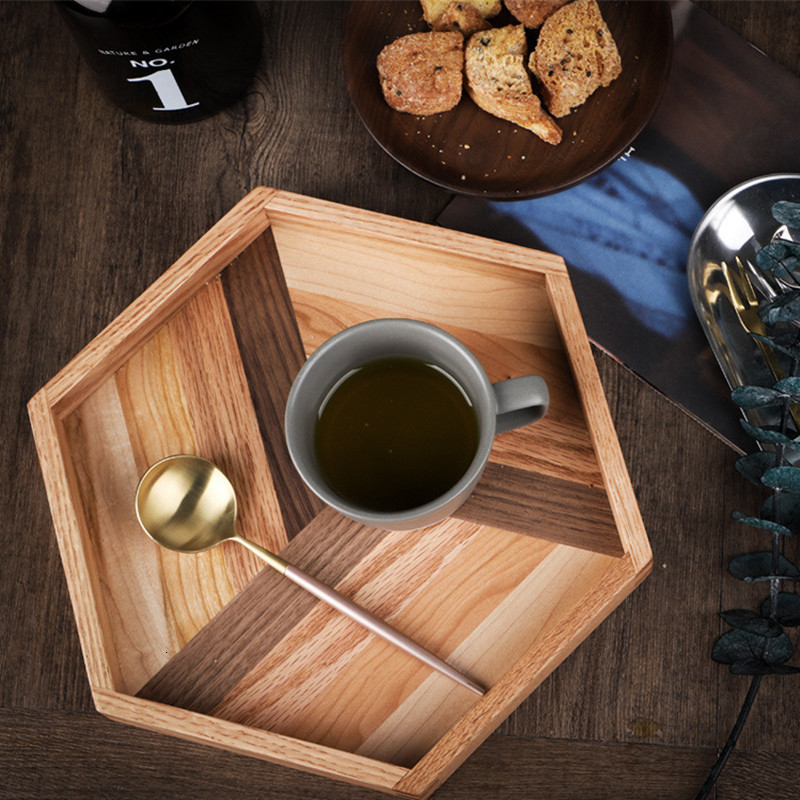 

2021 New Black Walnut Rubber Hexagonal Wooden Serving Tray Baking Trays Decorative Wood Plate Tea Food Server Dishes Rmh2