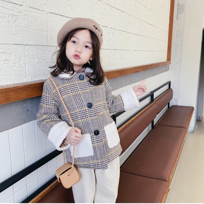 

Warm Plaid Girls Jackets Thickening Coats for Girls Turn-down Collar Kids Outerwears Baby Clothes, Beige