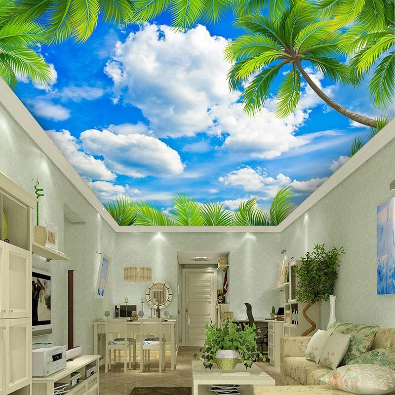 

Custom Green Leaves Blue Sky White Clouds Zenith Ceiling 3D Fresco Modern Bedroom Living Room Ceiling Decoration Mural Wallpaper, As pic