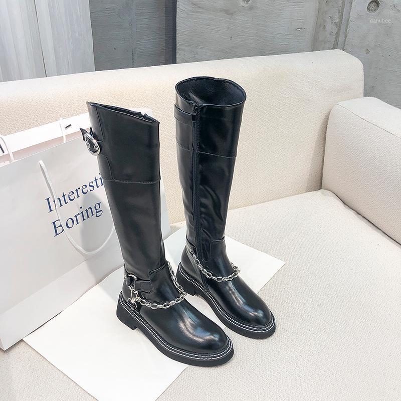 

Winter Women's Knee High Boots Short Plush Lining Round Toe Metal Chain Pull On Shoes England Style C121, Black