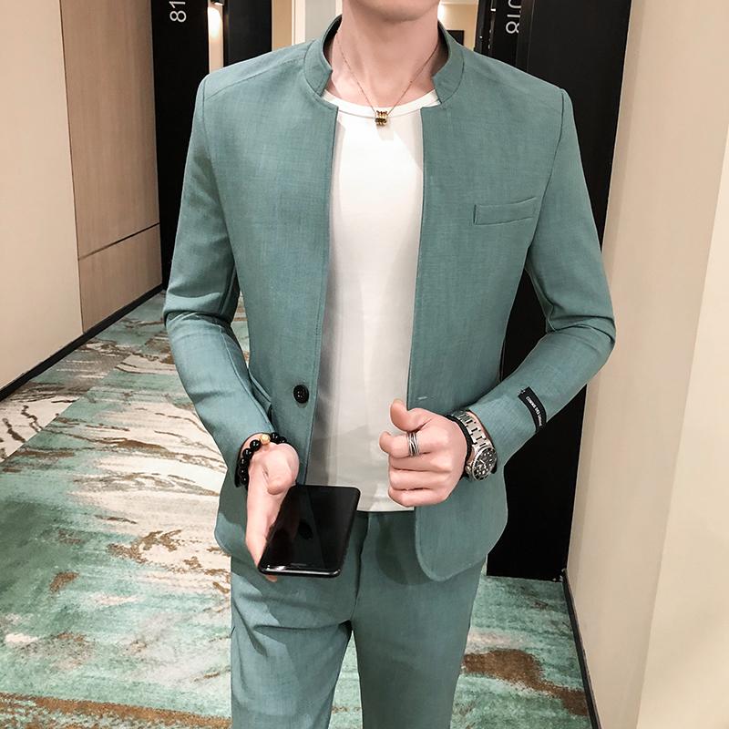 

3XL One Button Slim Fit Men Tunic Suit Sets Streetwear Long Sleeve Tunic Jacket Coat Mens Suits With Pants Plain Color Clothes, White tunic suit set