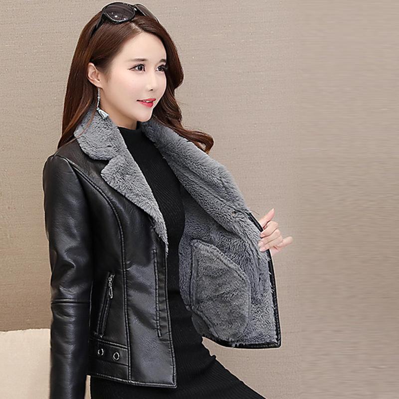 

New 2020 Winter Women Motorcycle Faux Lambs Wool Coat Female Pilot Thick Warm Shearling Coats PU leather short Jackets ON280, Black -01