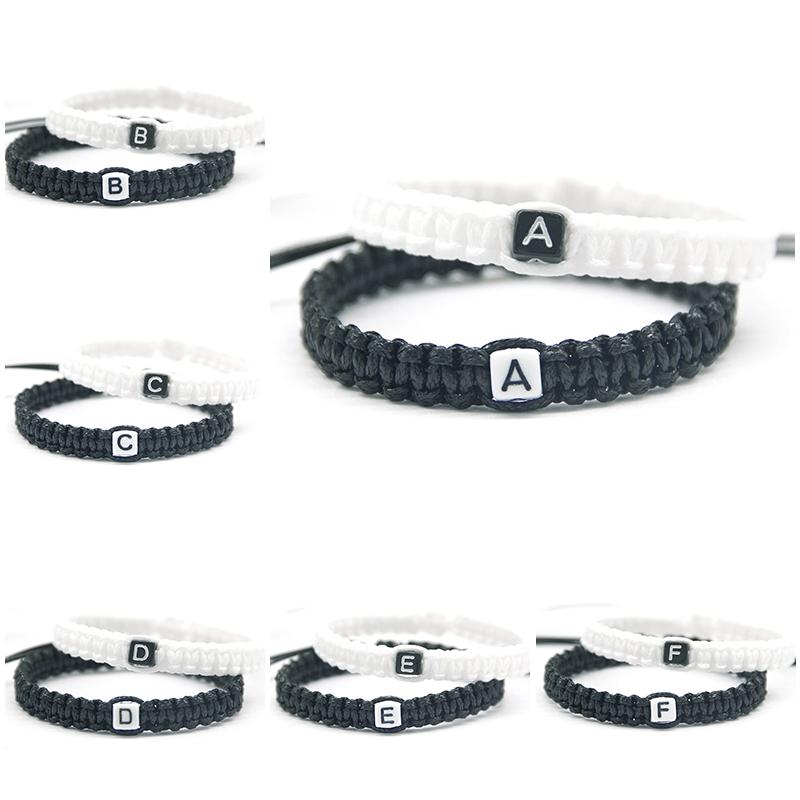 

2pcs/pair Handmade Black and White Cord with A to M Bracelets Rope Chain Adjust Size for Lovers Friends Beaded Jewelry Gifts