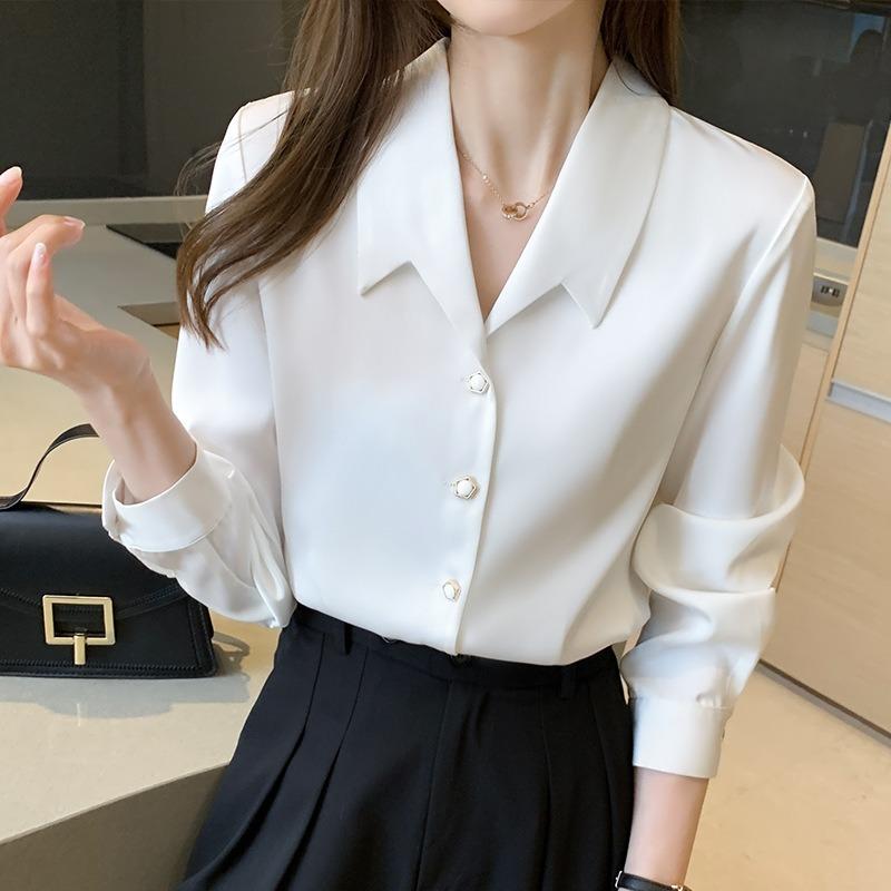 

Spring New Style Solid Long Sleeve Cardigan Shirt Officr Ladies Turn-Down Collar Top Korean Fashion Versatile Temperament Blouse, White