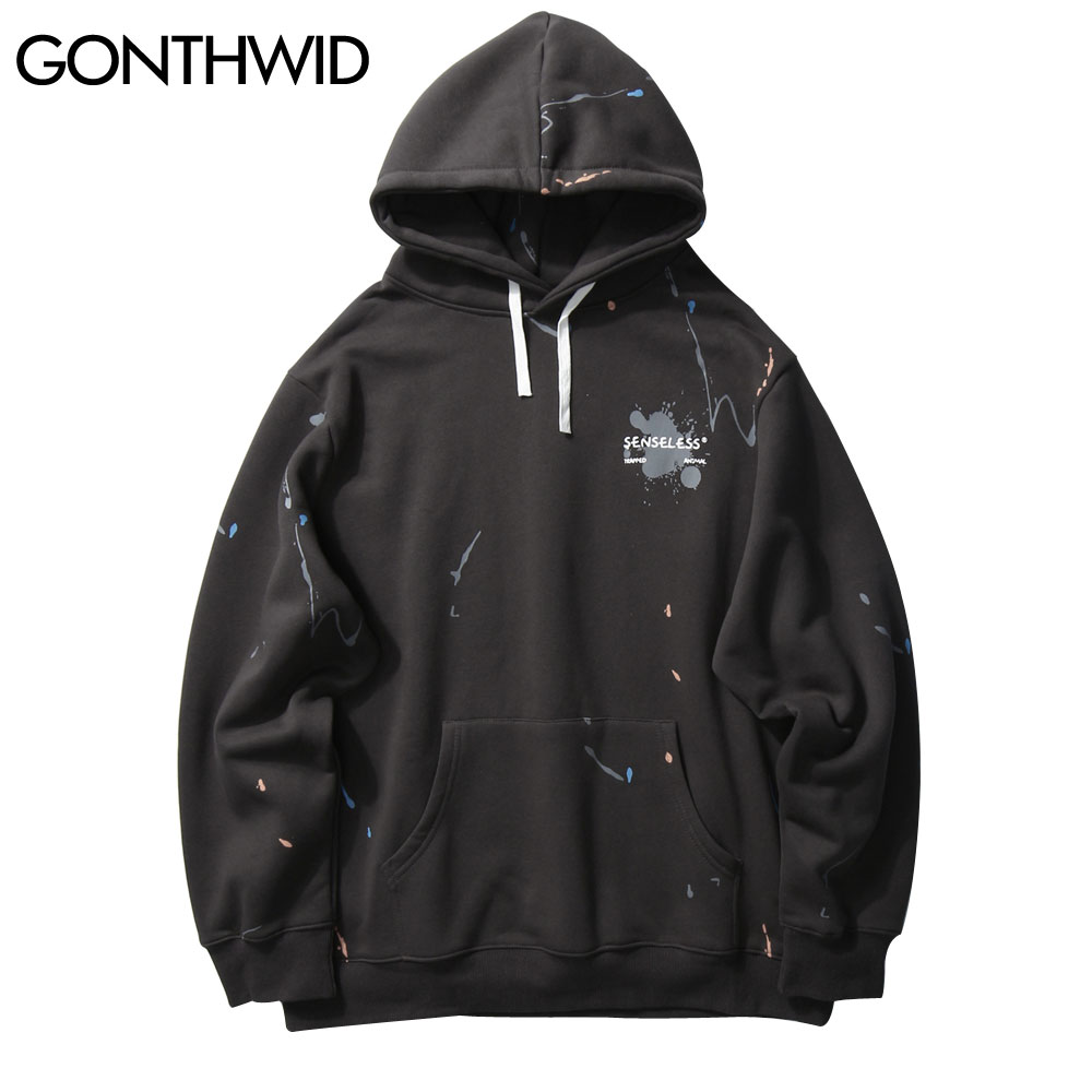 

Harajuku Graffiti Ink Print Fleece Hoodies Sweatshirts Hip Hop Pullover Hooded Hoodie Streetwear 2020 Mens Casual Tops, Grey