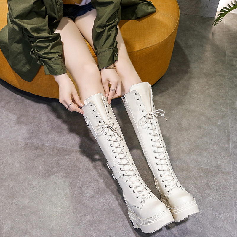 

Metal Buckle Wedge Knee High Boots Platform Women Cross Strappy Increase Height Long Knee High Boots Women Black Beige 2020
