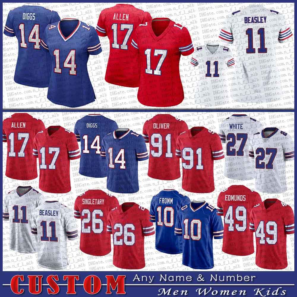 

17 Josh Allen 14 Stefon Diggs 11 Cole Beasley Football jersey 49 Tremaine Edmunds 26 Devin Singletary 12 Jim Kelly 27 White Custom Men Women Kid Buffalo Bill Stitched, Shown